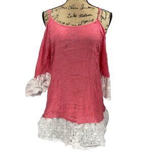 Maude Cold Shoulder Tunic top with White Lace trim Detail in Coral Pink Size L